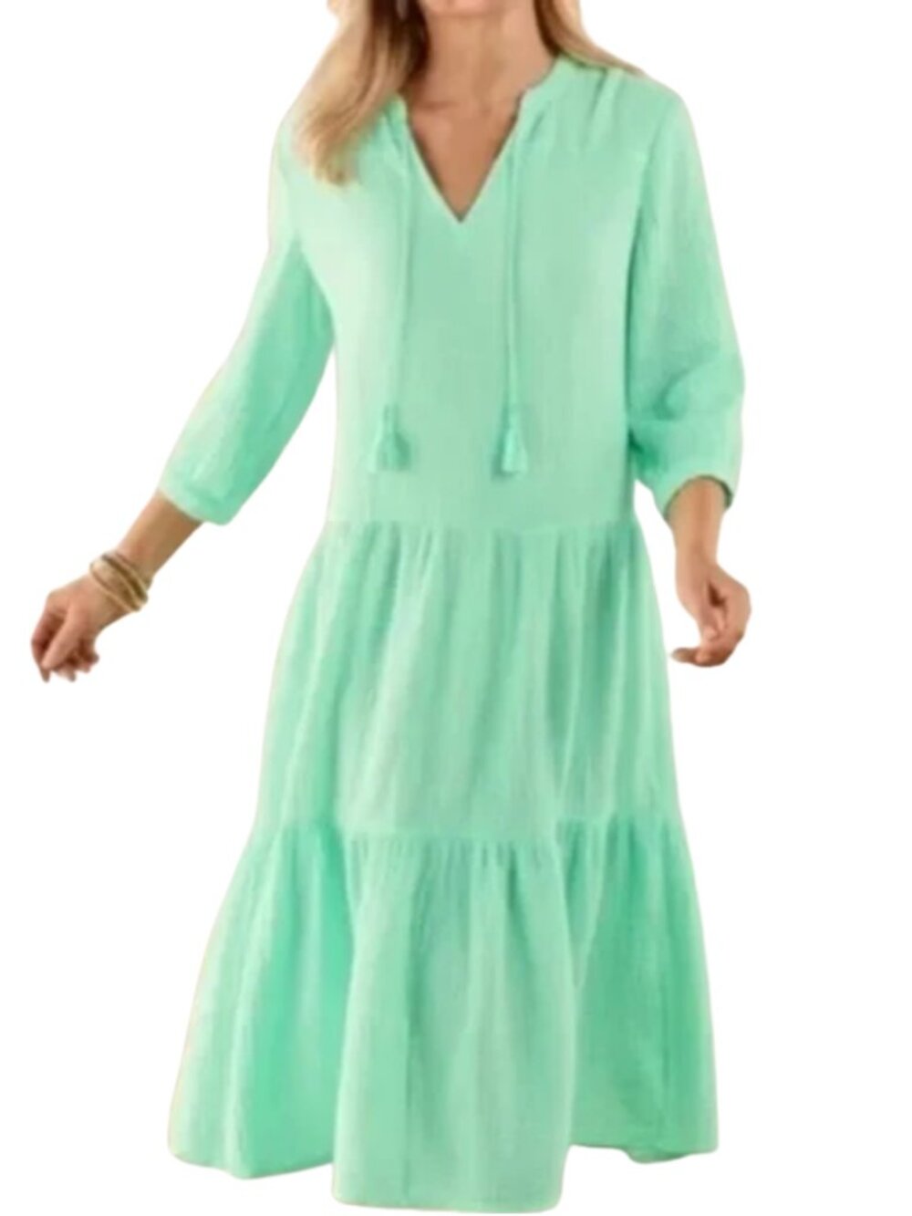 Soft Surroundings Laguna Tiered Gauze Maxi Dress Cotton Cottage Boho Green - M